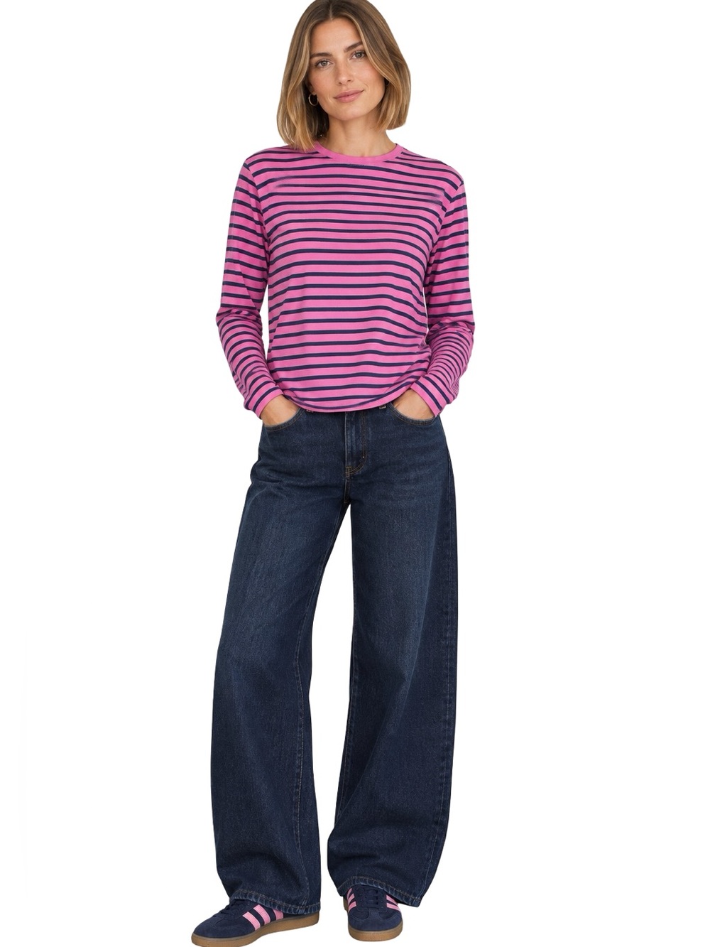 France’s Valentine Long Sleeve Striped T Shirt Size Medium Pink Navy Layering